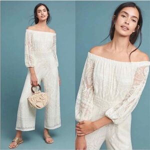 Anthropologie Off-Shoulder Lace Jumpsuit in White